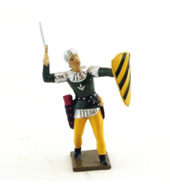 archer combattant à l'épée, tunique verte sur cotte argent, bouclier jaune et no