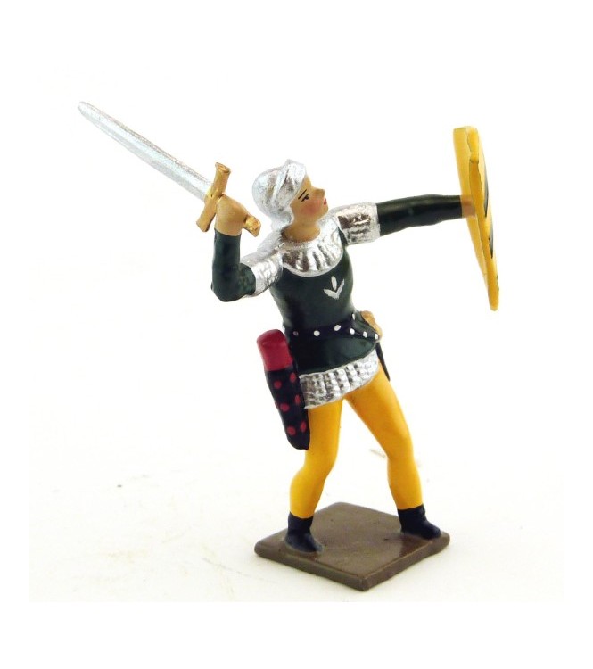 archer combattant à l'épée, tunique verte sur cotte argent, bouclier jaune et no