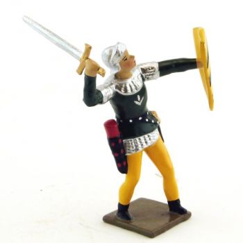archer combattant à l'épée, tunique verte sur cotte argent, bouclier jaune et no
