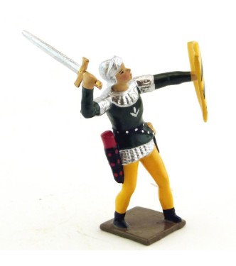 archer combattant à l'épée, tunique verte sur cotte argent, bouclier jaune et no