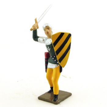 archer combattant à l'épée, tunique verte sur cotte argent, bouclier jaune et no