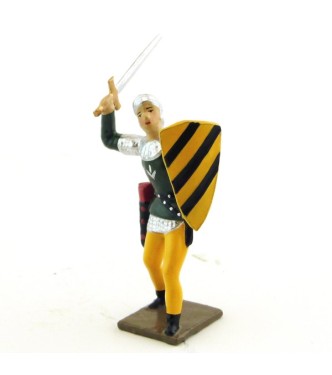 archer combattant à l'épée, tunique verte sur cotte argent, bouclier jaune et no