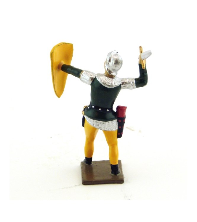 archer combattant à l'épée, tunique verte sur cotte argent, bouclier jaune et no