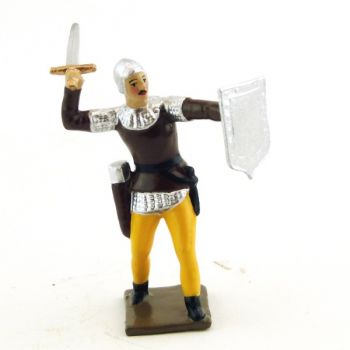 archer combattant à l'épée, tunique marron sur cotte argent, bouclier argent