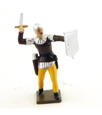 archer combattant à l'épée, tunique marron sur cotte argent, bouclier argent