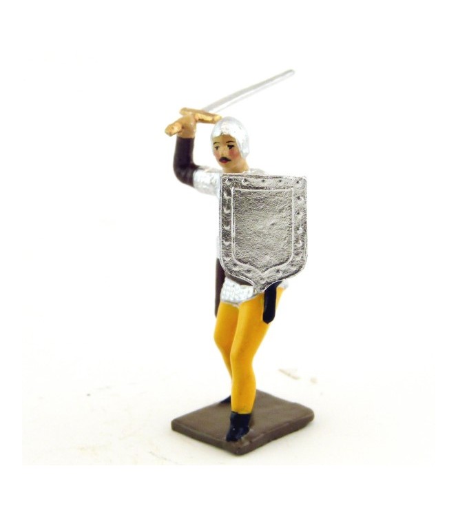 archer combattant à l'épée, tunique marron sur cotte argent, bouclier argent