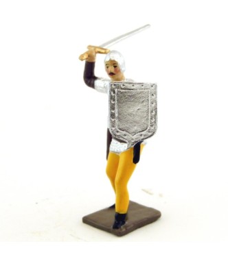 archer combattant à l'épée, tunique marron sur cotte argent, bouclier argent