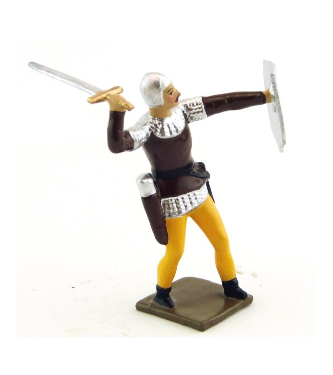 archer combattant à l'épée, tunique marron sur cotte argent, bouclier argent