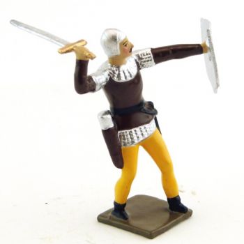 archer combattant à l'épée, tunique marron sur cotte argent, bouclier argent