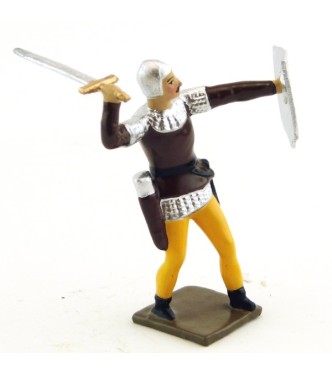 archer combattant à l'épée, tunique marron sur cotte argent, bouclier argent