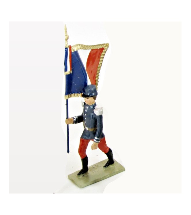 Drapeau de l'Infanterie 1870, tunique bleue et pantalon garance, képi drapé bleu