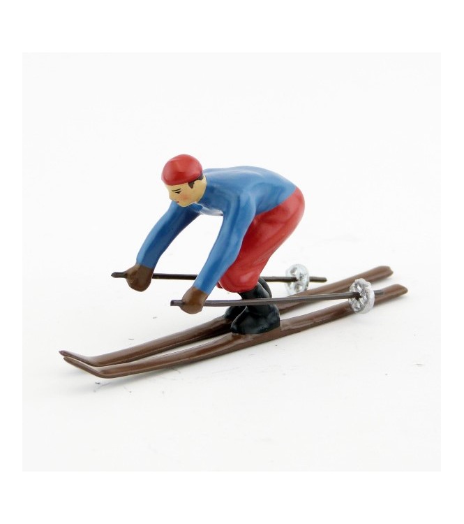 Skieur, années 20, blouson bleu et pantalon rouge