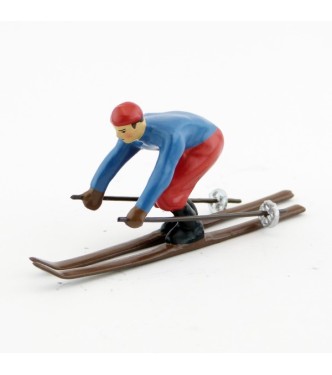 Skieur, années 20, blouson bleu et pantalon rouge