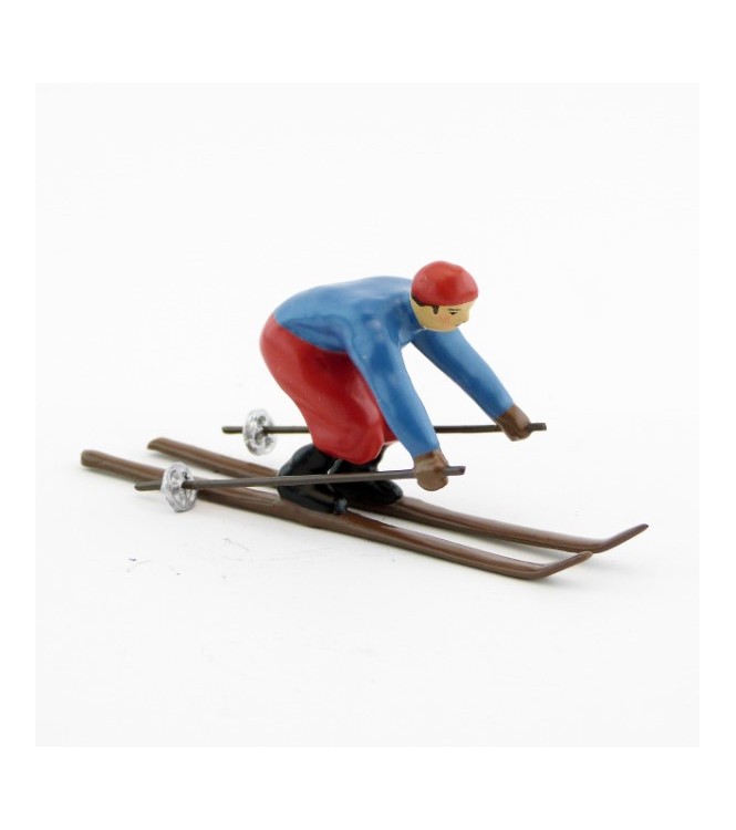 Skieur, années 20, blouson bleu et pantalon rouge