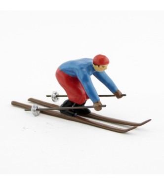 Skieur, années 20, blouson bleu et pantalon rouge