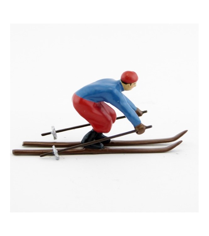 Skieur, années 20, blouson bleu et pantalon rouge