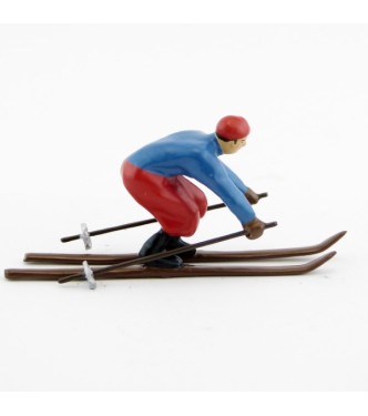 Skieur, années 20, blouson bleu et pantalon rouge