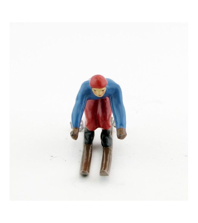 Skieur, années 20, blouson bleu et pantalon rouge