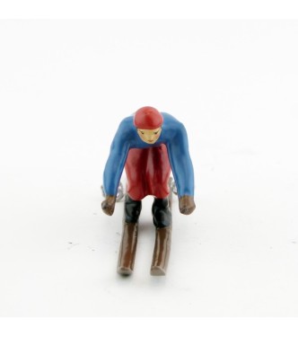 Skieur, années 20, blouson bleu et pantalon rouge