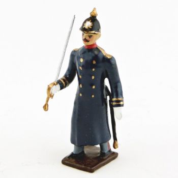 officier de l'infanterie prussienne capote bleue, casque à pointe (pickelhaub