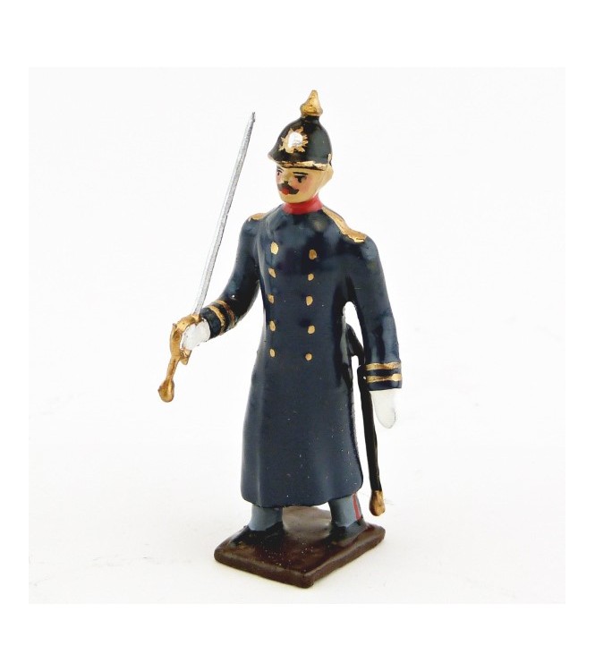 officier de l'infanterie prussienne capote bleue, casque à pointe (pickelhaub