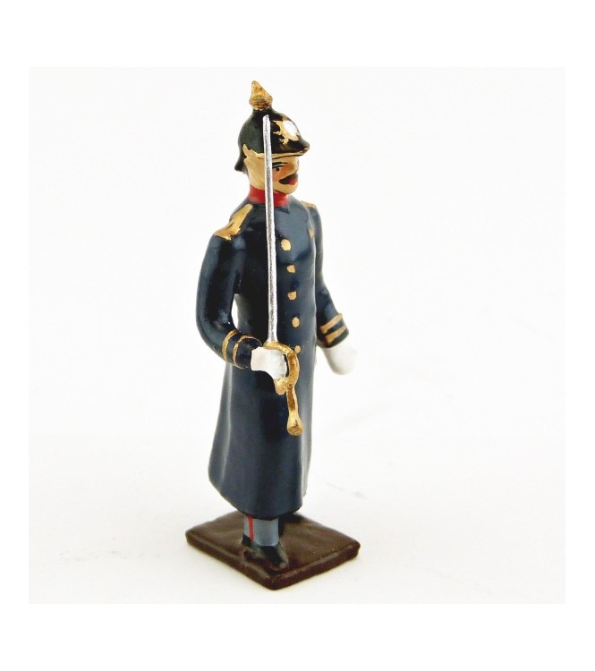 officier de l'infanterie prussienne capote bleue, casque à pointe (pickelhaub