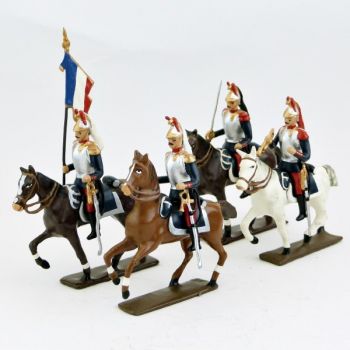 Cuirassiers à cheval 1914, pantalon garance, ensemble de 4 cavaliers