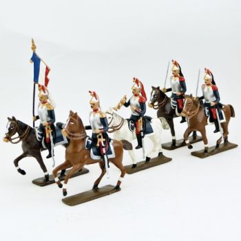 Cuirassiers à cheval 1914, pantalon garance, ensemble de 5 cavaliers