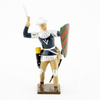 archer anglais, tunique bleue, avec épée en l'air et bouclier