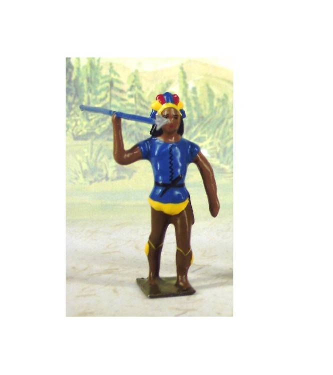 indien debout avec lance en l'air (couleurs bleu, jaune et marron)