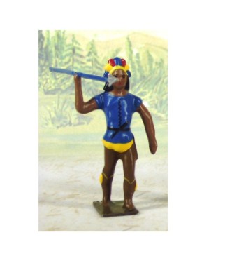 indien debout avec lance en l'air (couleurs bleu, jaune et marron)