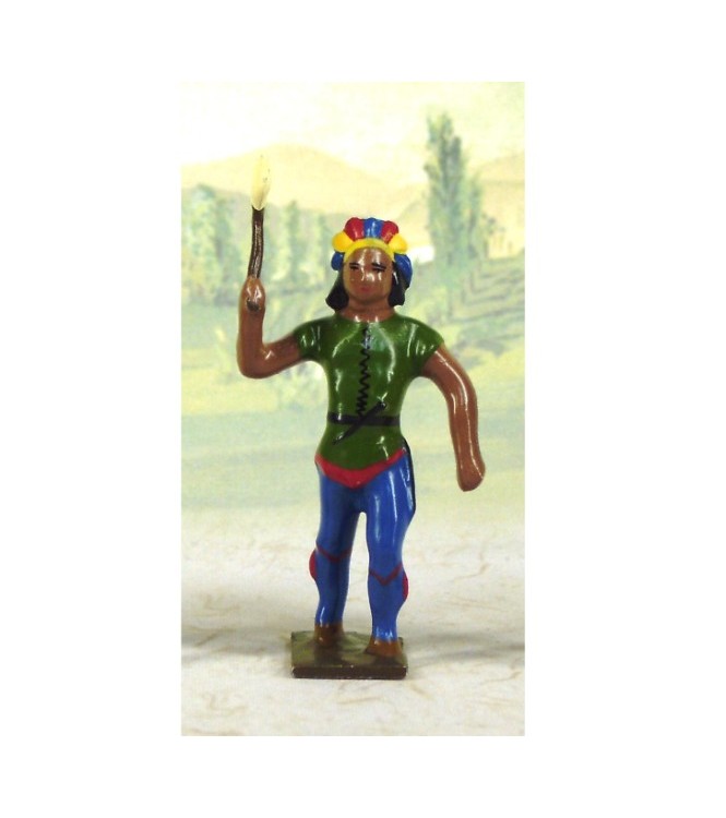 indien debout avec lance en l'air (couleurs bleu, jaune et marron)