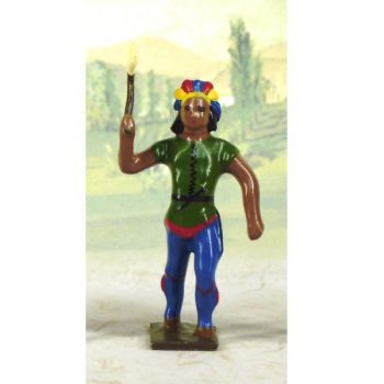 indien debout avec lance en l'air (couleurs bleu, jaune et marron)
