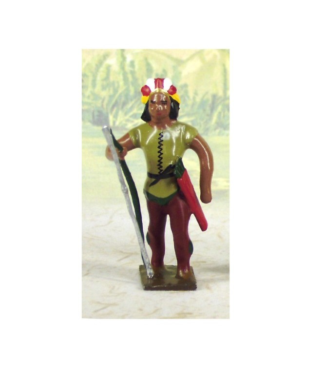 indien debout avec lance en l'air (couleurs bleu, jaune et marron)