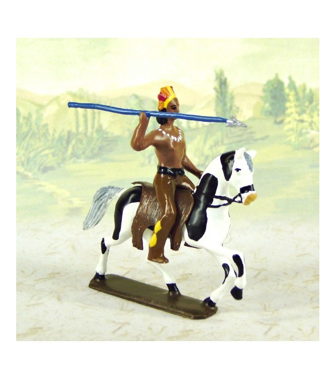 indien debout avec lance en l'air (couleurs bleu, jaune et marron)