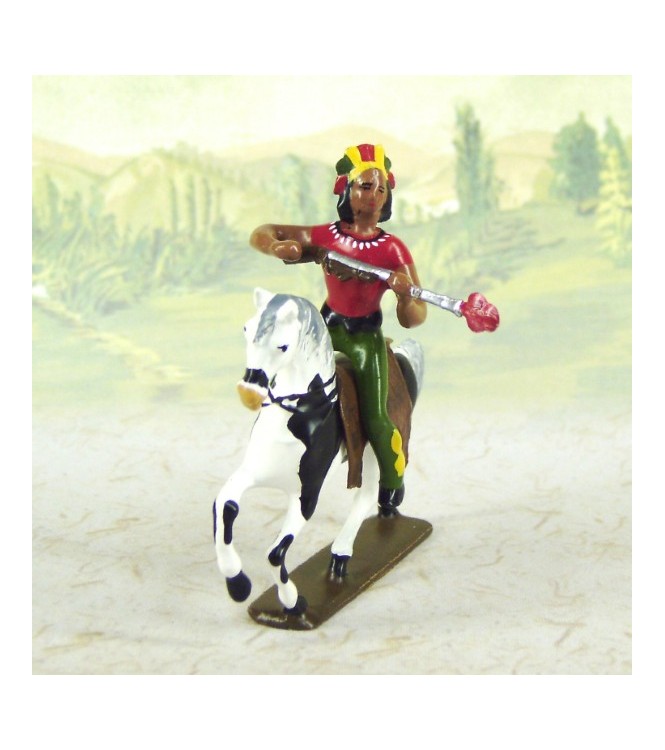 indien debout avec lance en l'air (couleurs bleu, jaune et marron)