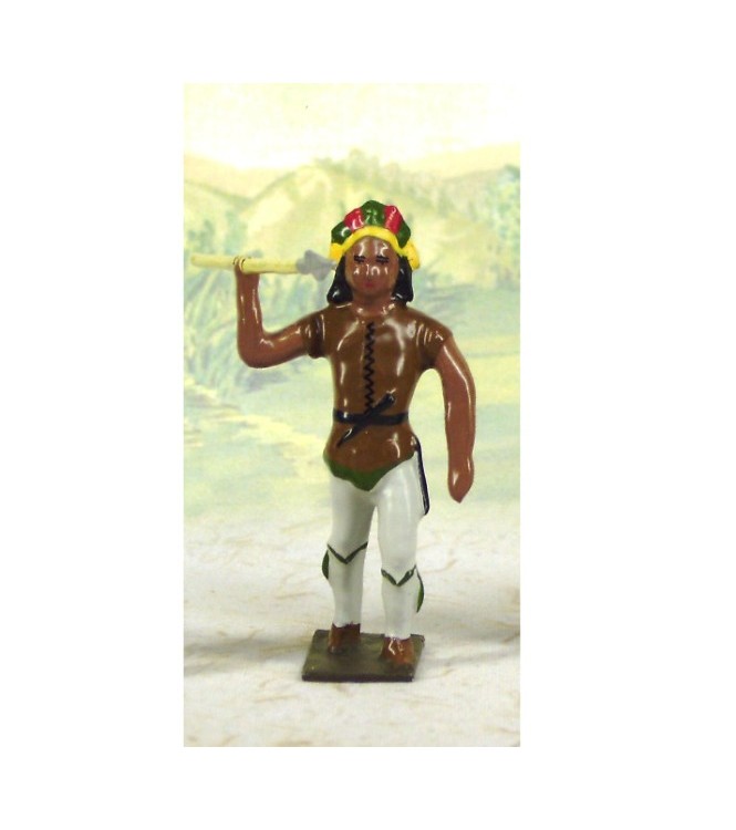 indien debout avec lance en l'air (couleurs marron, vert et gris)