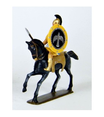 cavalier grec avec lance, cape bleue, tunique jaune