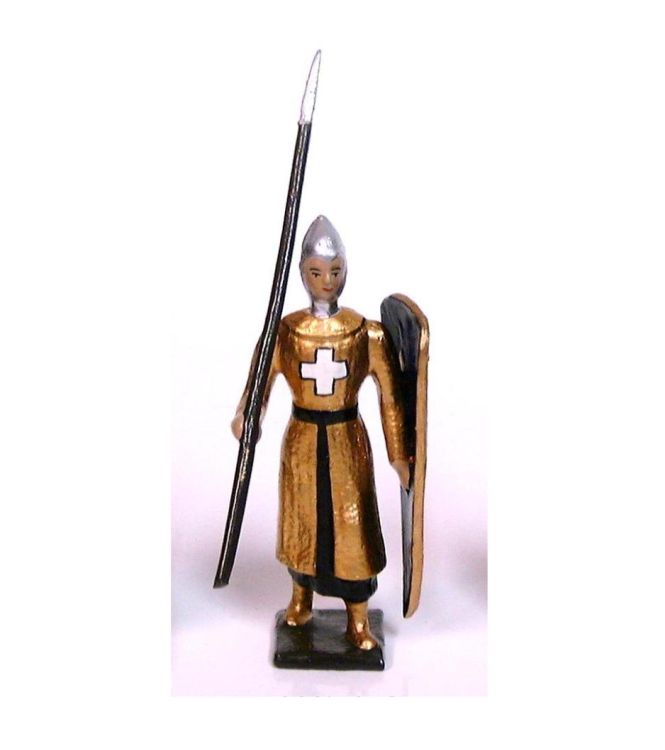 croisé, cotte dorée, casque pointu, avec lance et bouclier lion