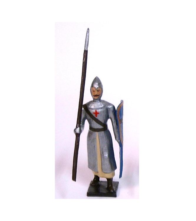 croisé, cotte argentée, casque pointu, avec lance et bouclier croix