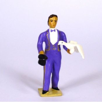 le magicien en costume violet, sortant une colombe de son chapeau