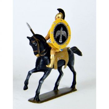 cavalier grec avec lance et bouclier, cape jaune et bleue