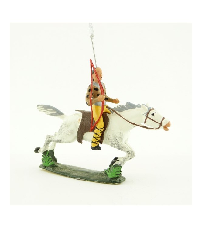 cavalier hun, tête à queue de cheval, avec arc et lance