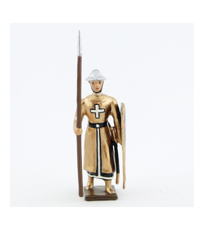 croisé, cotte dorée, casque plat, avec lance et bouclier "croix"