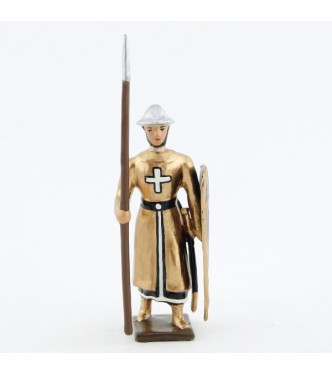 croisé, cotte dorée, casque plat, avec lance et bouclier "croix"